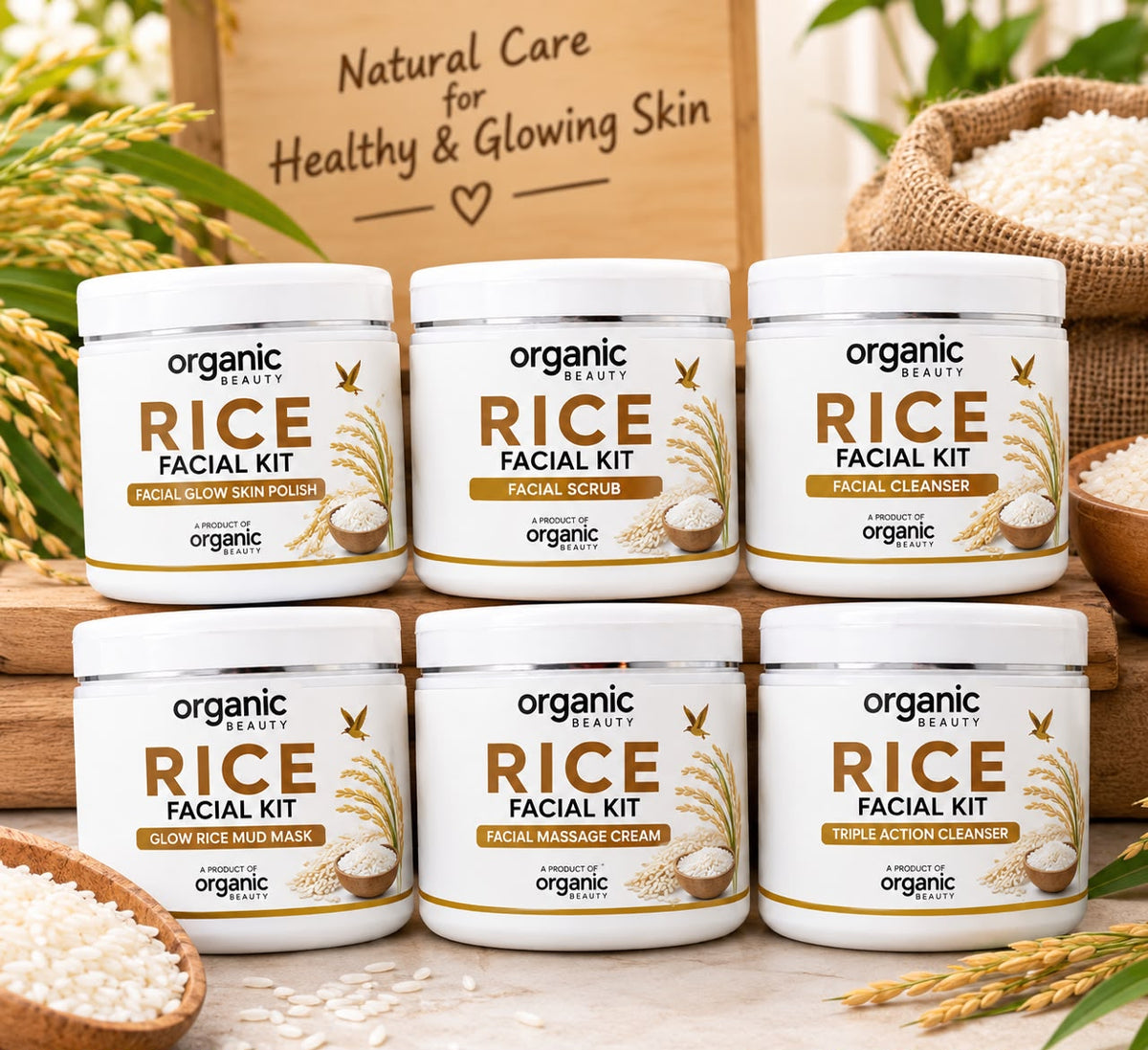 🌾 Organic Beauty Rice Facial Kit – Complete 6-Step Skincare Set.300 ml ✨